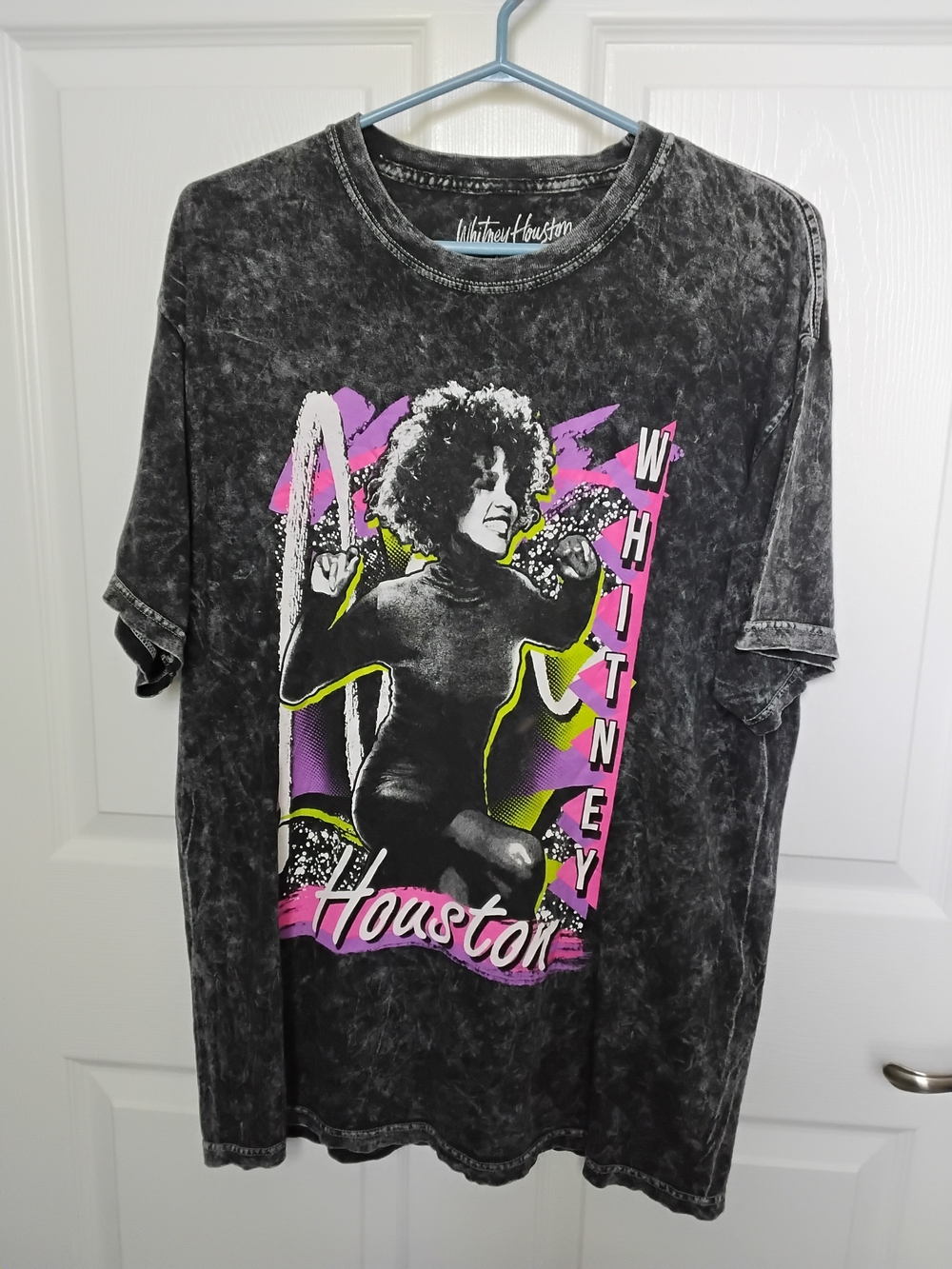 Whitney Houston Graphic Tee - Black‎ Washed with Pink & Neon Accents